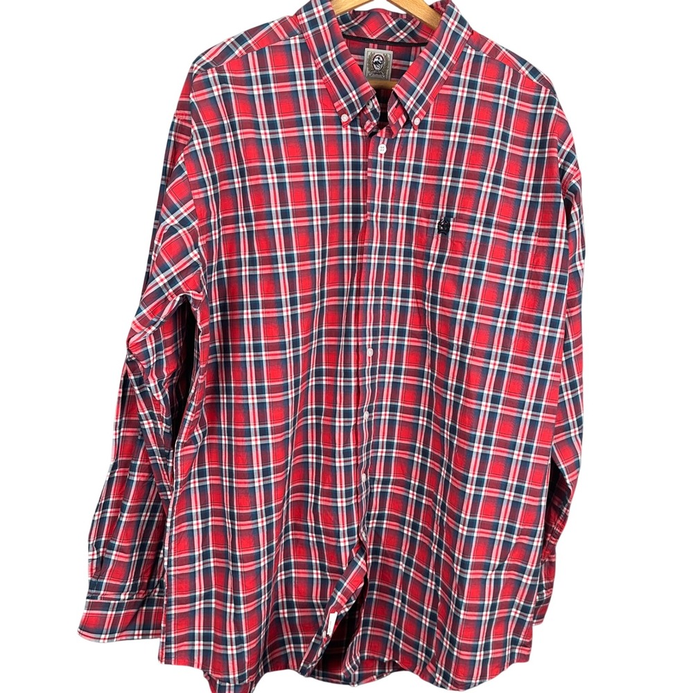 Cinch Mens XL Red Navy Blue Plaid Long Sleeve Button Down Western Shirt MTW11044